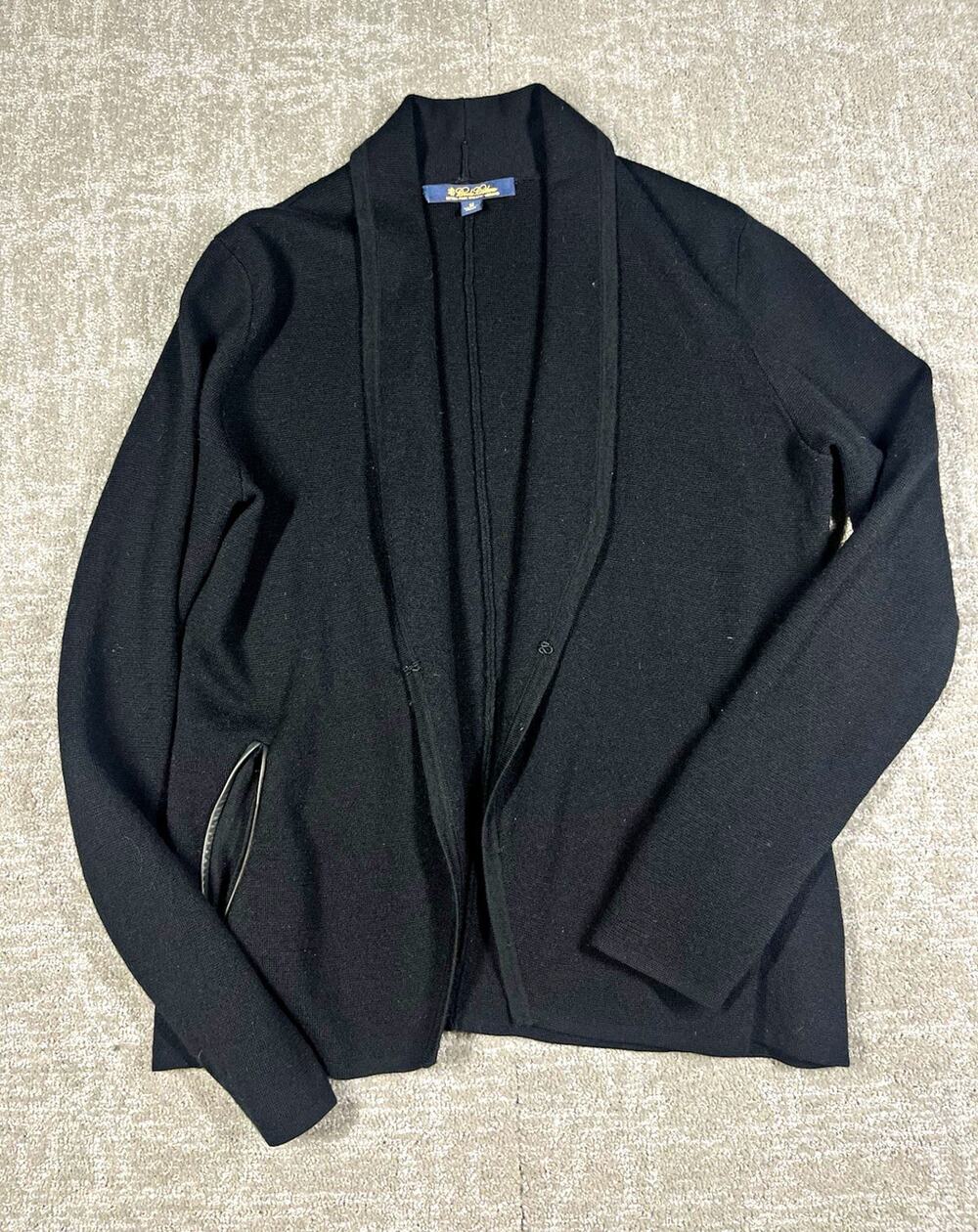 Brooks Brothers Womens Black 100% Merino Wool Shawl Collar Open Cardigan Size M